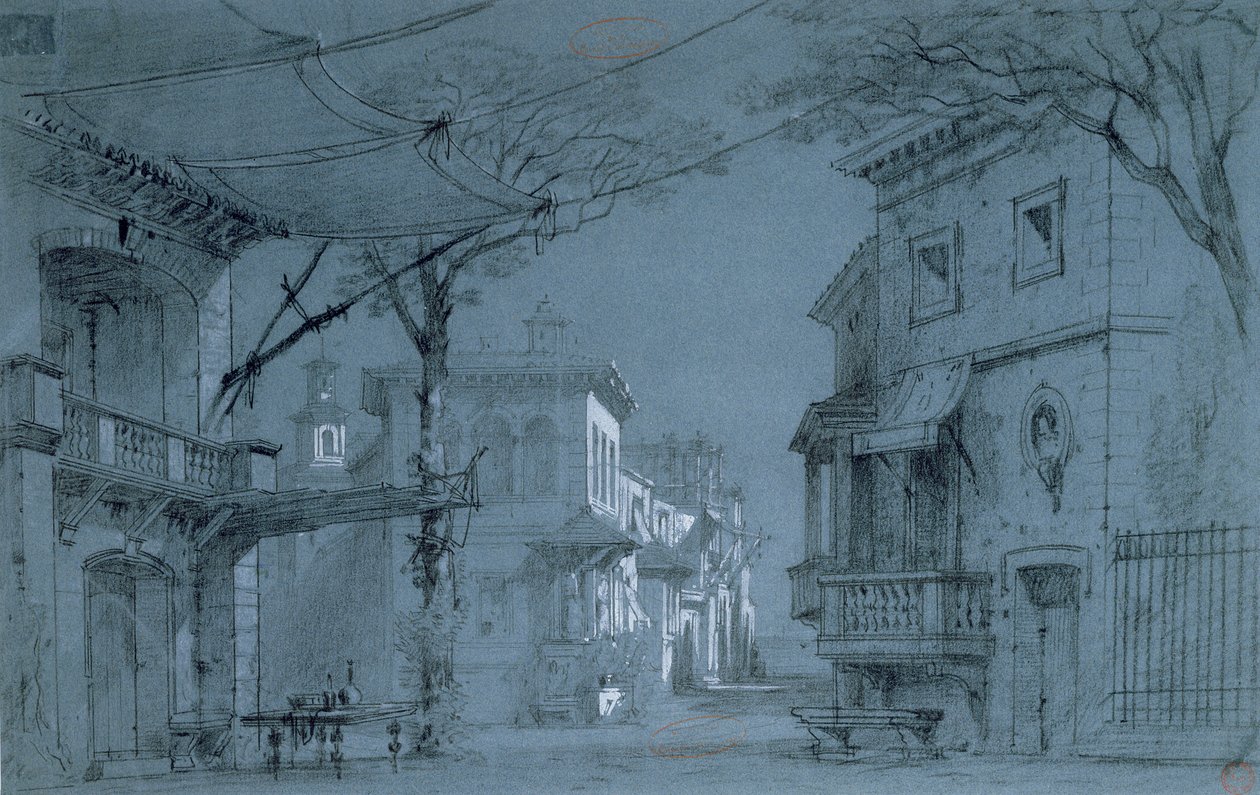 Suunnittelu Alfred de Mussetin (1810-1857) Les Caprices de Marianne -sarjalle (kynä, muste ja värikynä sinisellä paperilla) tekijältä Francois J. and Rube, Auguste A. Nolau