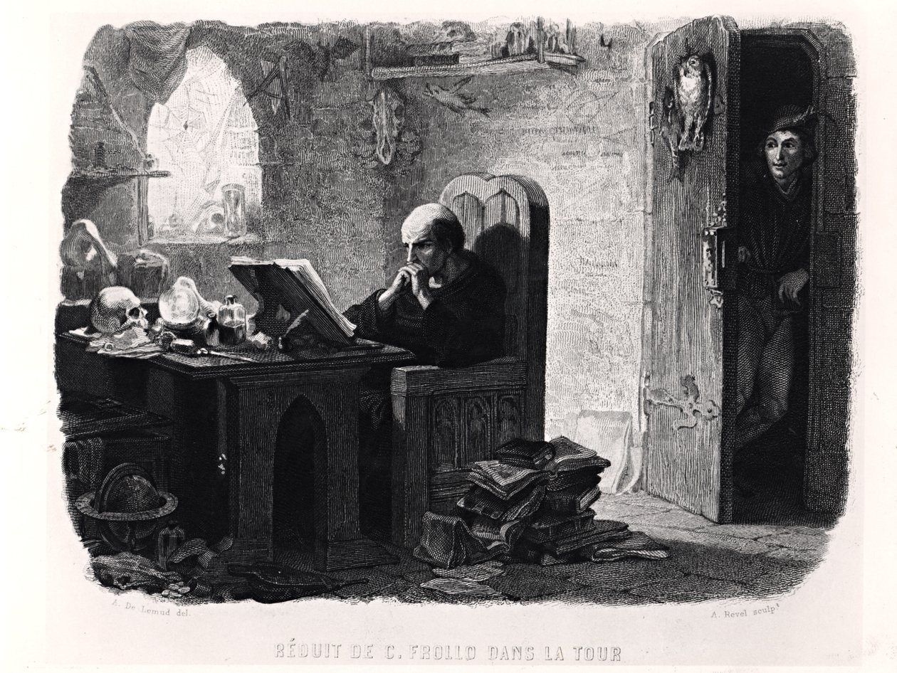 Claude Frollo tornin pienessä huoneessa, kuva Victor Hugon (1802-85) Notre-Dame de Parisista (1831), kaiverrus Auguste Francois Garnier, 1844 tekijältä Francois Joseph Aime de Lemud