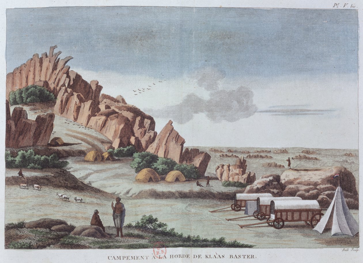 Klaas Baster Camp, teoksesta "Voyages of M. le Vaillant in the Interior of Africa by the Cape of Bonne Esperance 1780-85", kaivertanut Hulk, julkaistu 1790 (värikaiverrus) tekijältä Francois Le Vaillant