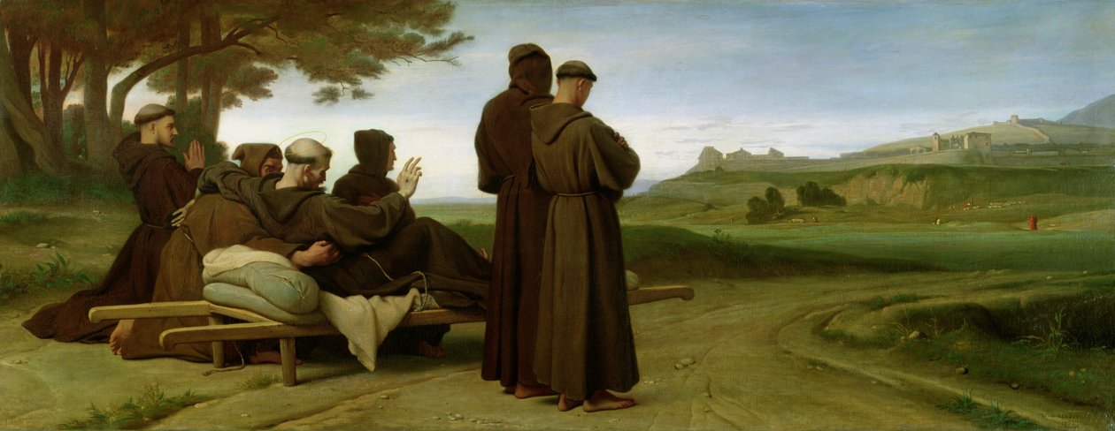 Pyhä Franciscus Assisilainen siunaa Assisin kaupunkia vuonna 1226, 1853, kun hänet kuljetetaan viimeiselle leposijalleen Saint-Marie-des-Angesiin tekijältä Francois Leon Benouville