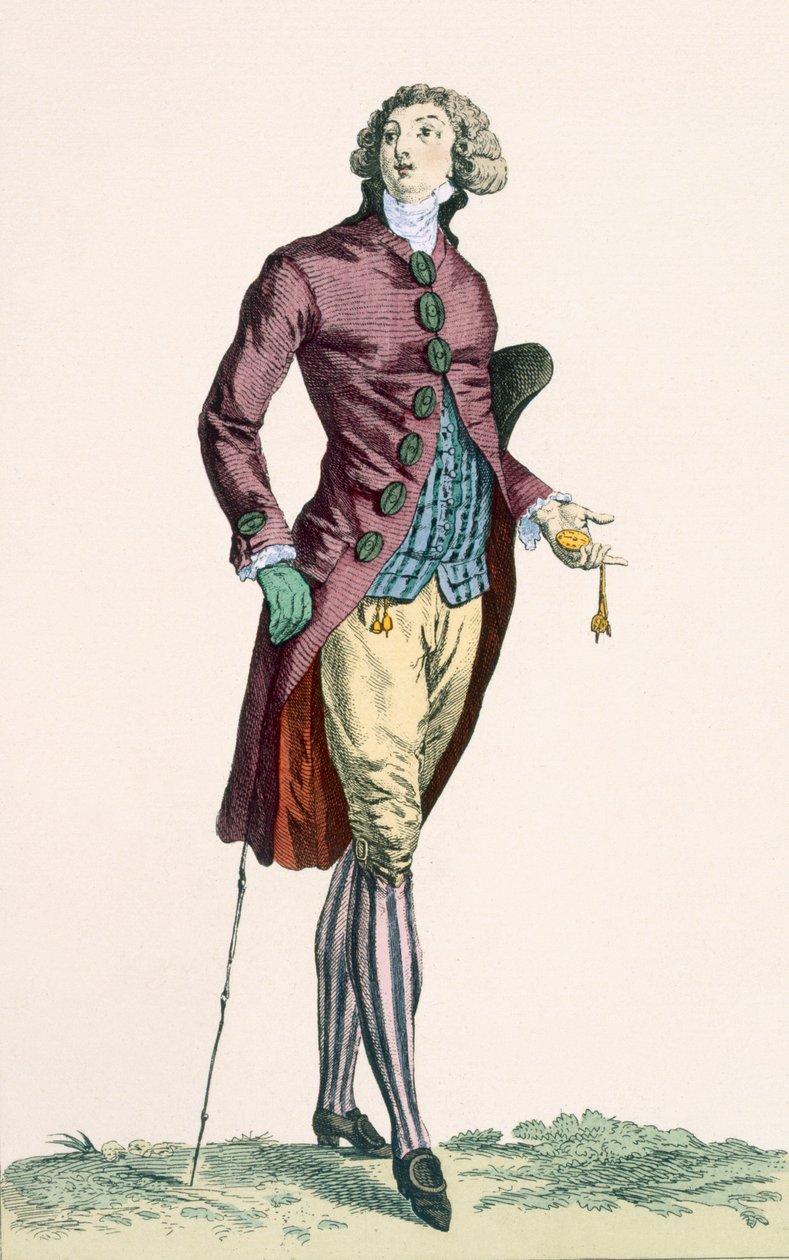 Galantti nuori mies, jolla on yllään murskattu samettiasu, jossa on peitetyt napit, Baquoin kaiverrus, levy nro 279 Galeries des Modes et Costumes Francais