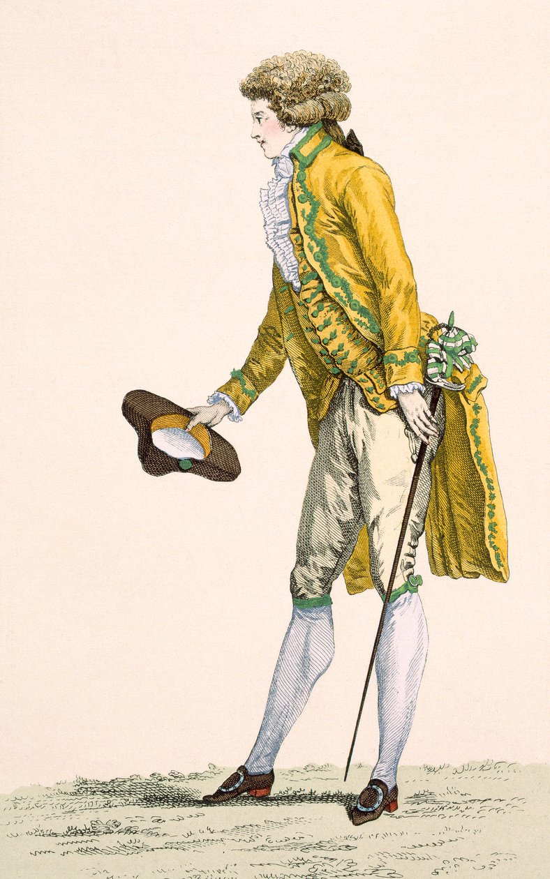 Nuori mies, jolla on yllään kirjailtu takki ja liivi, kaiverrettu Le Beau, levy nro 253 julkaisusta "Galeries des Modes et Costumes Francais", n. 1778-87 99:vaatteet; perinteinen asu tekijältä Francois Louis Joseph Watteau