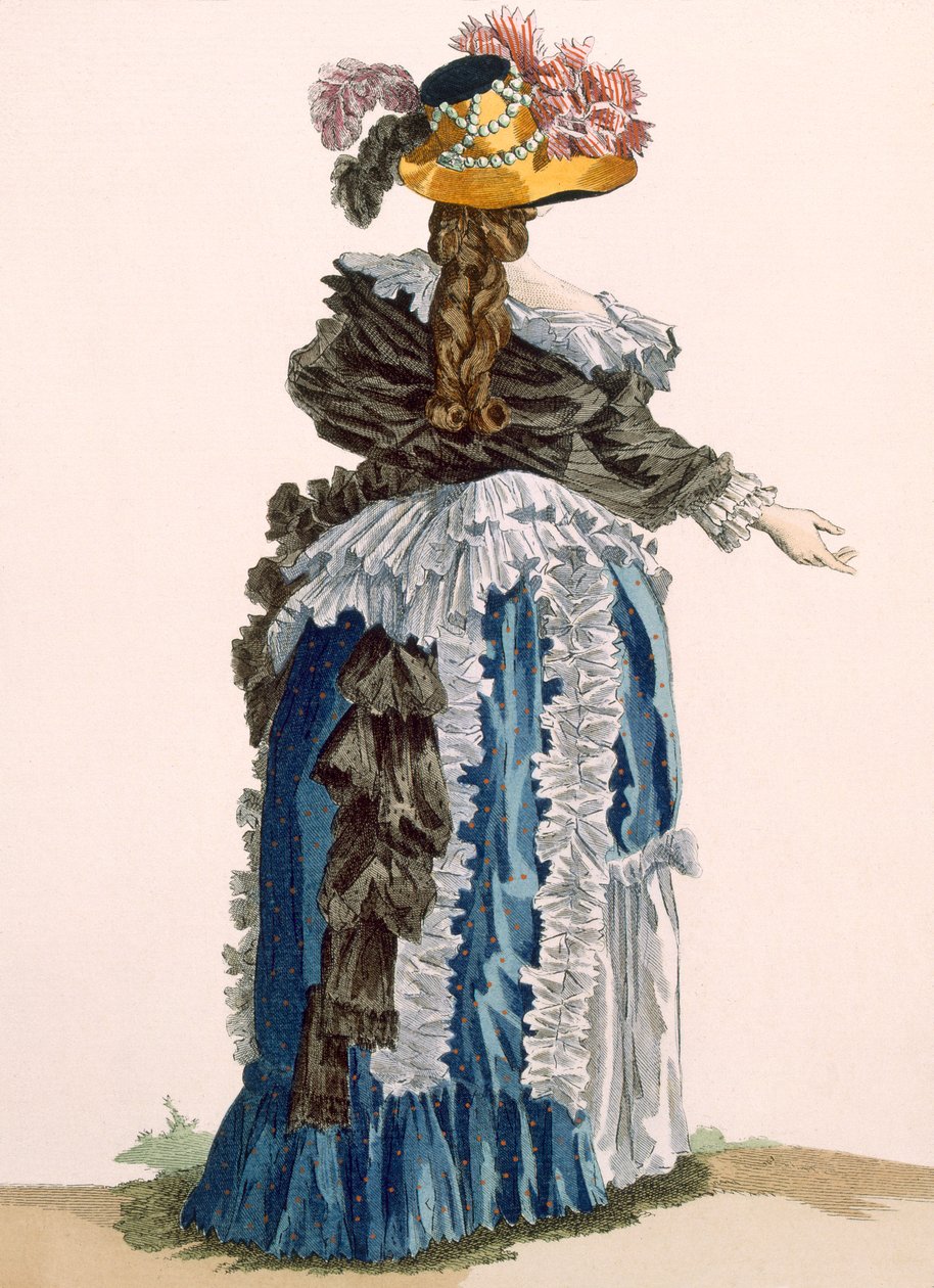 Takakuva naisten puvusta, kaiverrus Dupin, levy nro 247 julkaisusta "Galeries des Modes et Costumes Francais", n. 1778-87 99:vaatteet; perinteinen asu; perinteinen puku; muoti; i tekijältä Francois Louis Joseph Watteau