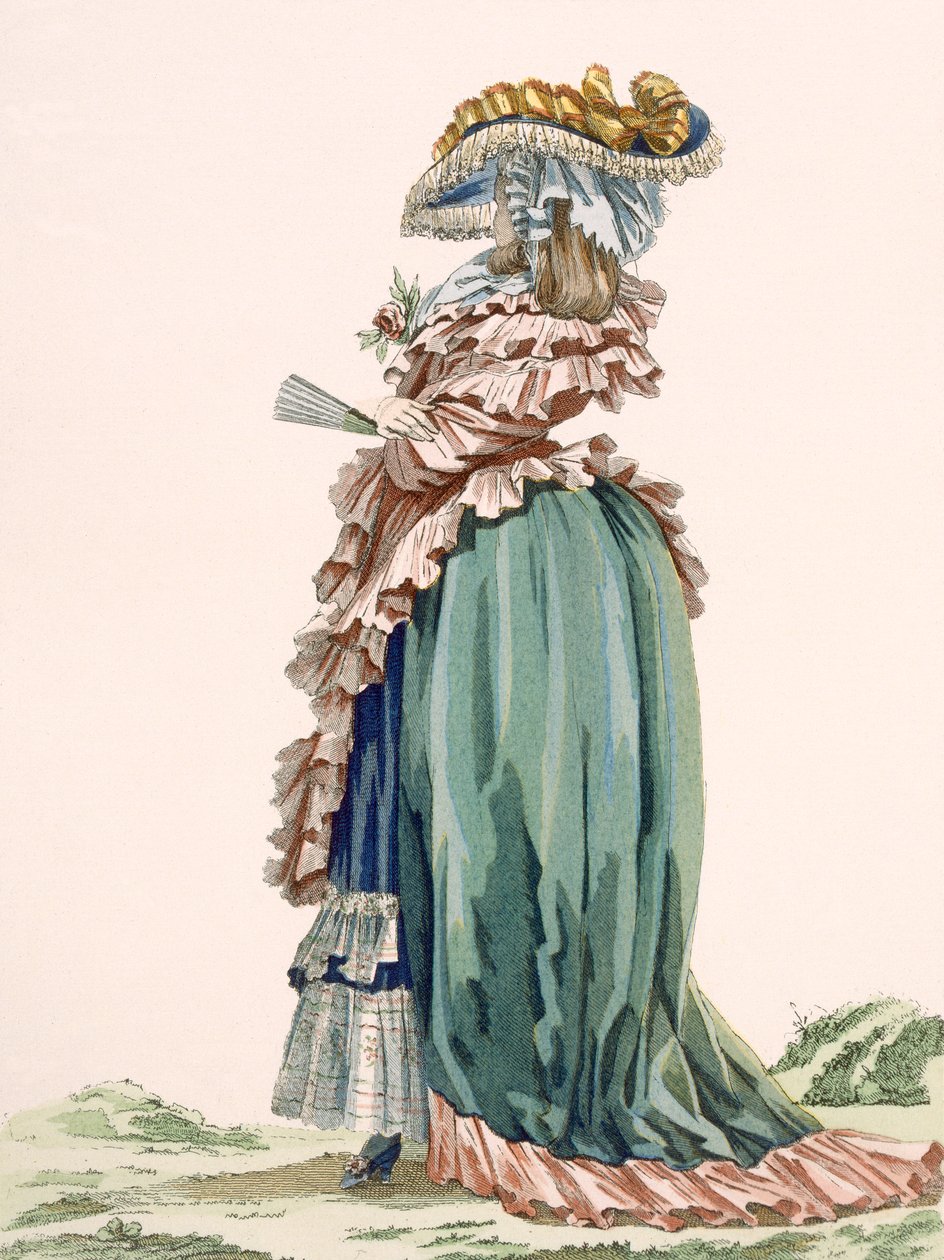 Takakuva naisten mekosta, kaiverrus Dupin, levy nro 189 julkaisusta "Galeries des Modes et Costumes Francais", n. 1778-87 99:vaatteet; perinteinen asu; perinteinen puku; muoti; tekijältä Francois Louis Joseph Watteau