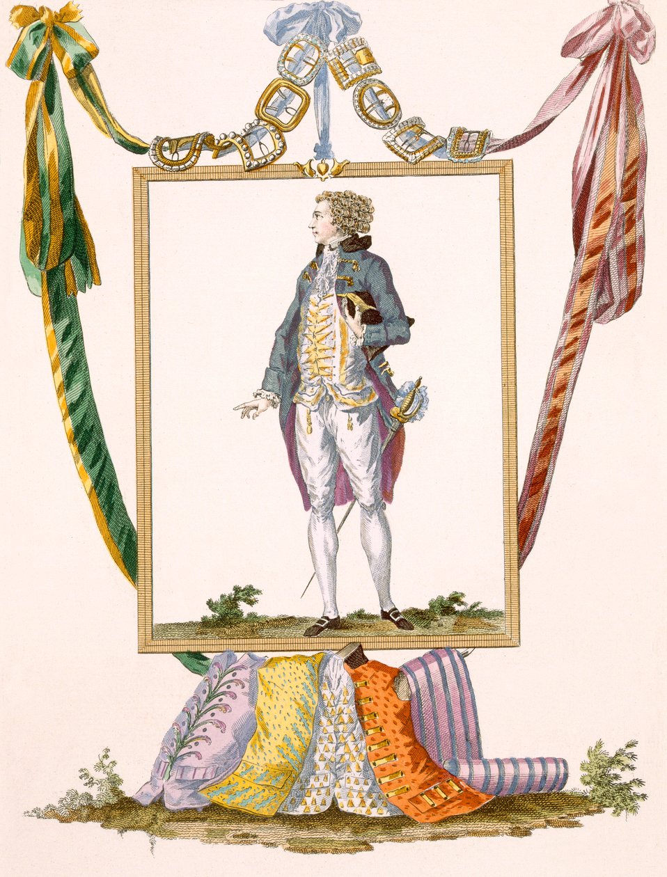 Herrasmies kevyissä vaatteissa, kaiverrus Duhamel, levy nro 231 Galeries des Modes et Costumes Francaisista tekijältä Francois Louis Joseph Watteau