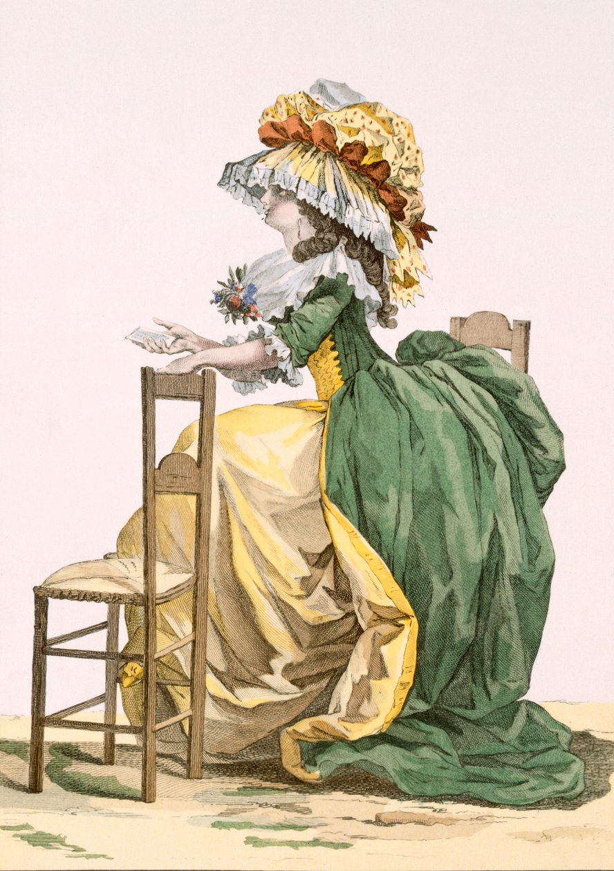Naisten taidokas puku, kaiverrettu Bacquoy, levy teoksesta "Galeries des Modes et Costumes Francais", n.1778-87 99:vaatetus; perinteinen pukeutuminen; perinteinen puku; muoti; kuvitus; kuvitus, kuvitus, kuvitus, kuvitus, kuvitus, kuvitus, kuvitus, kuvitus, tekijältä Francois Louis Joseph Watteau
