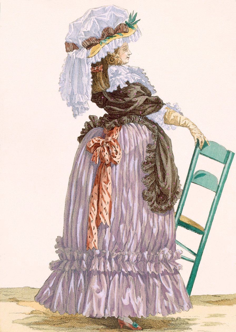 Tuoliin nojaava nainen, kaiverrus Dupin, levy nro 201 julkaisusta "Galeries des Modes et Costumes Francais", n. 1778-87 tekijältä Francois Louis Joseph Watteau
