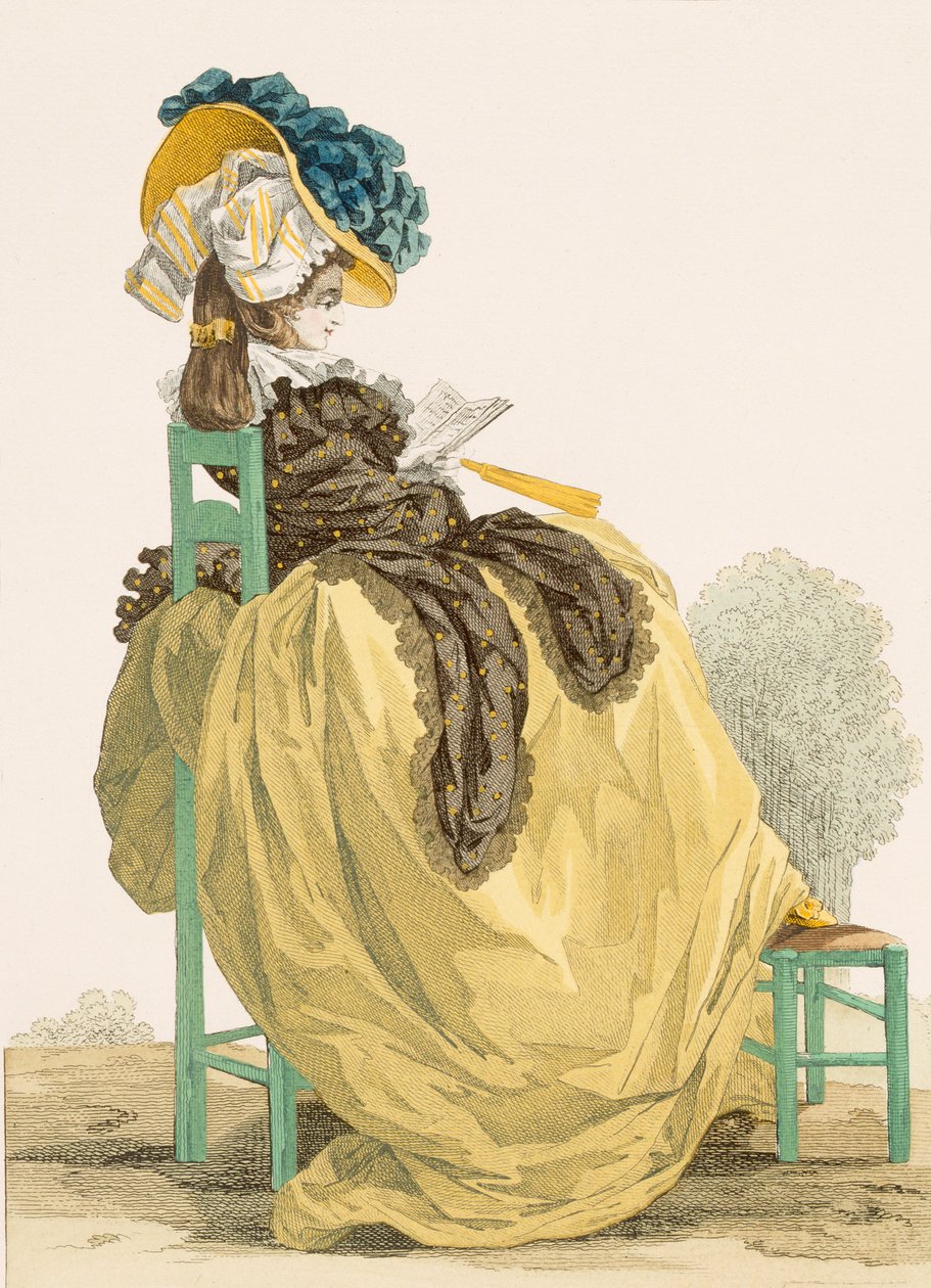 Puutarhassa lukeva nainen yksinkertaisessa keltaisessa puvussa ruskealla huivilla, kaiverrettu Dupin, levy nro 223 julkaisusta "Galeries des Modes et Costumes Francais", 1790 tekijältä Francois Louis Joseph Watteau