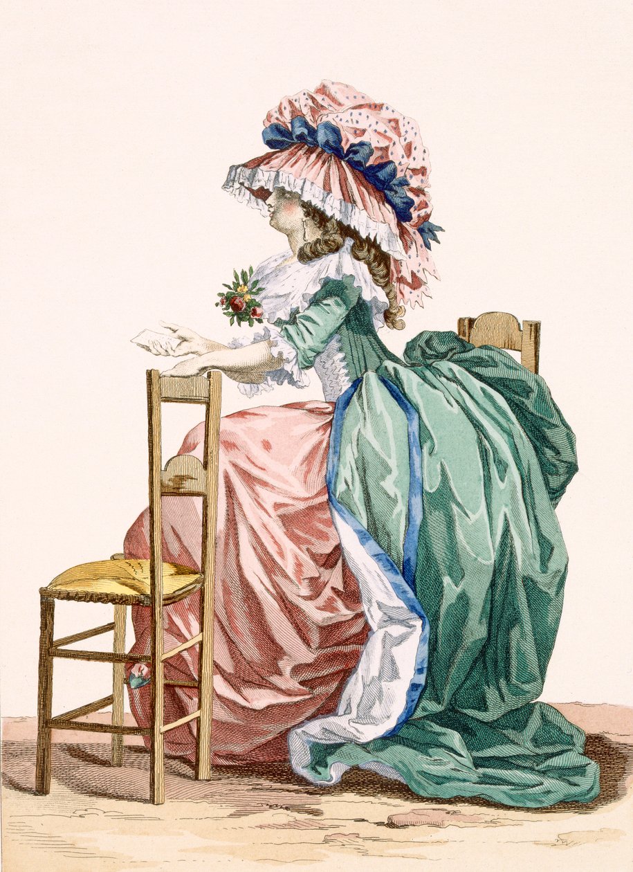 Nainen istuu nojaten tuolille, Bacquoyn kaiverrus, levy 203 julkaisusta "Galeries des Modes et Costumes Francais", n. 1778-87 99:vaatteet; perinteinen asu; perinteinen puku; muoti tekijältä Francois Louis Joseph Watteau