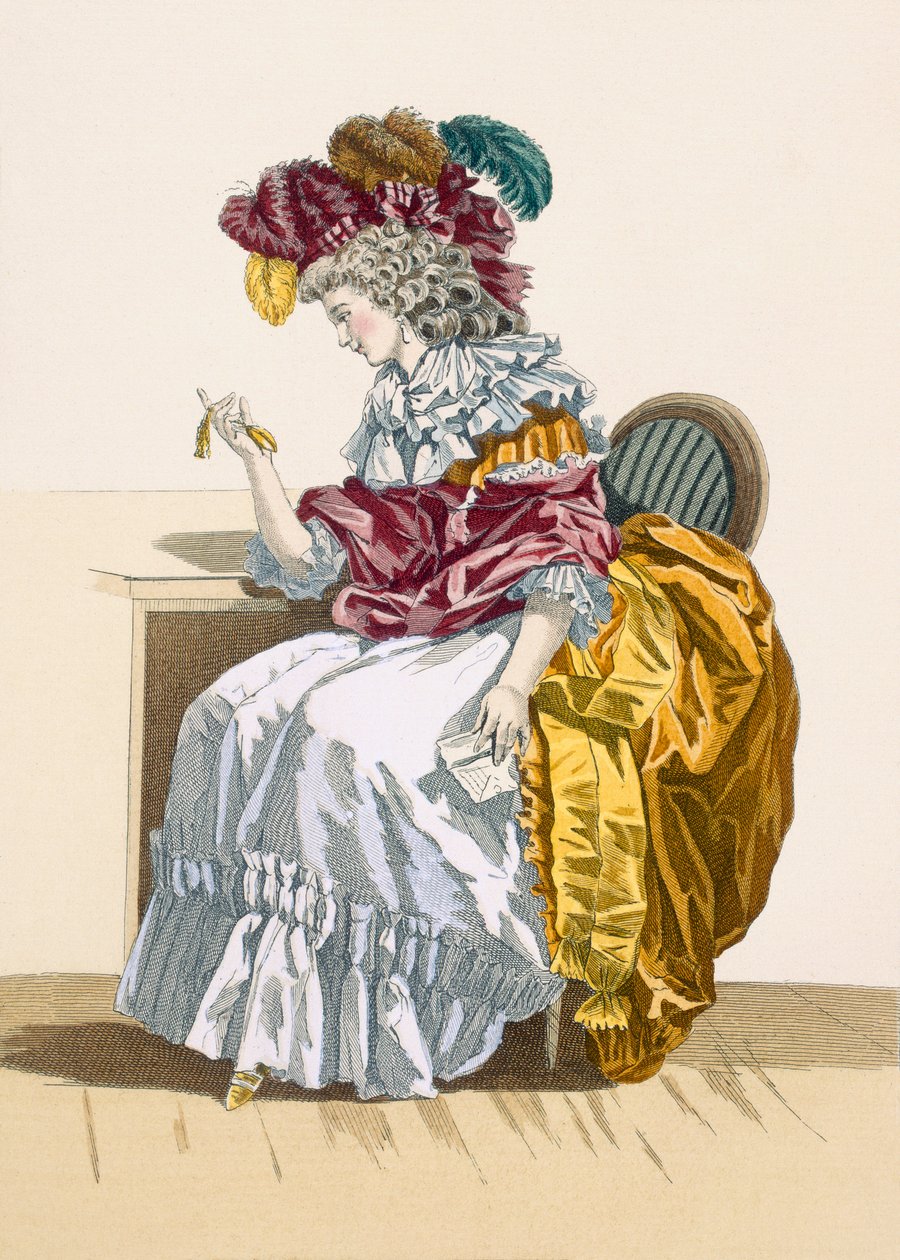 Nainen odottamassa ystävää, kaiverrettu Dupin, levy nro 191 julkaisusta "Galeries des Modes et Costumes Francais", n. 1778-87 tekijältä Francois Louis Joseph Watteau