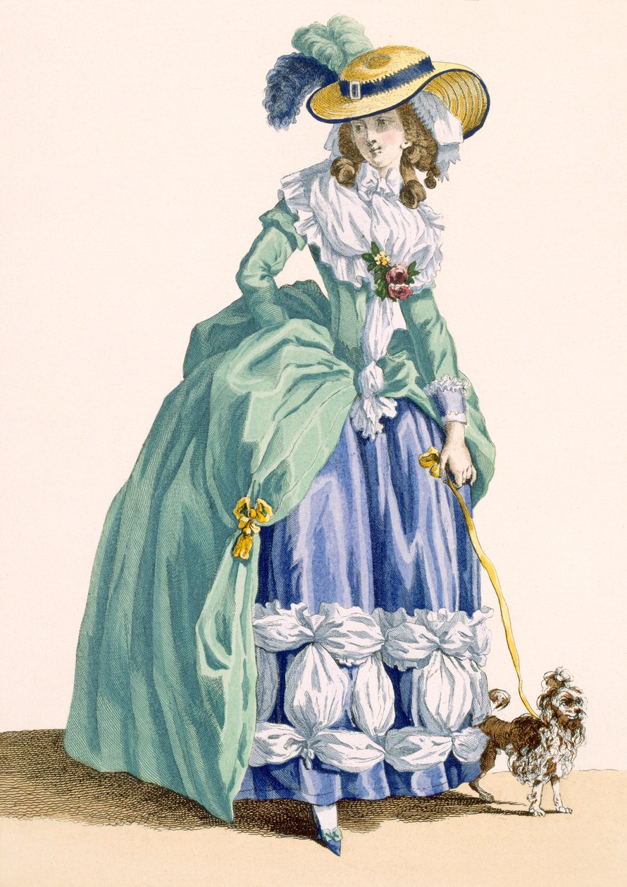Nainen ulkoiluttaa koiraansa, kaivertanut Dupin, levy nro 190 julkaisusta "Galeries des Modes et Costumes Francais", n. 1778-87 99:vaatteet; perinteinen asu; perinteinen puku; muoti; illus tekijältä Francois Louis Joseph Watteau