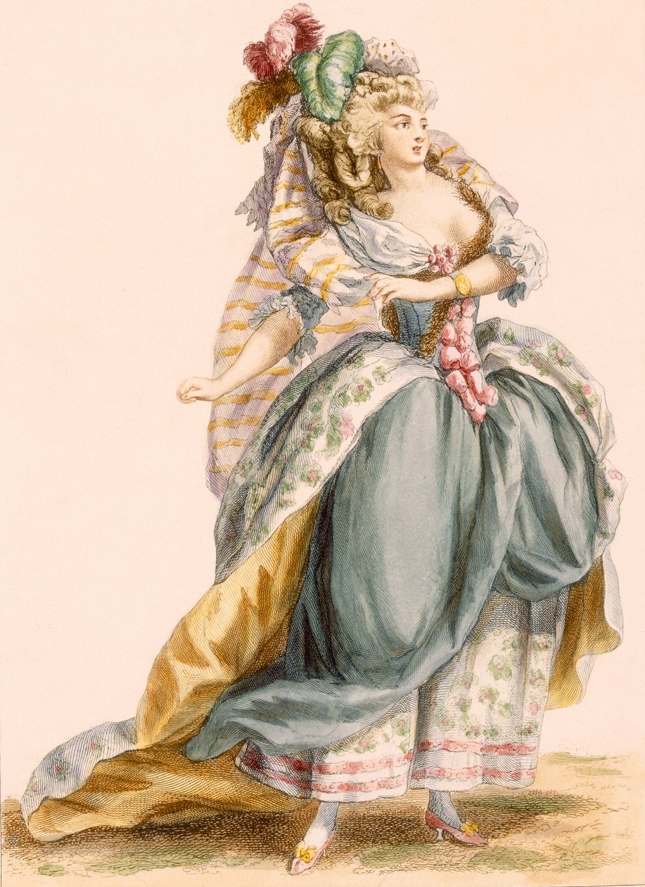 Lady-asu perustuu oopperaan "La Trevesti", kaiverrettu Bacquoy, "Galeries des Modes et Costumes Francais", n. 1778-87 tekijältä Francois Louis Joseph Watteau