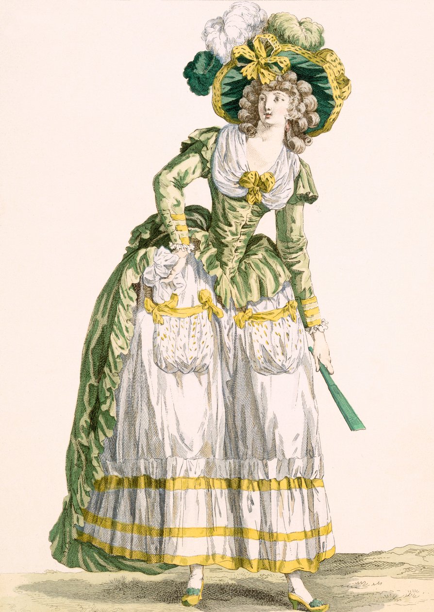 Naisen maalaistyylinen puku, kaiverrus Bacquoy, levy nro 228 Galeries des Modes et Costumes Francais