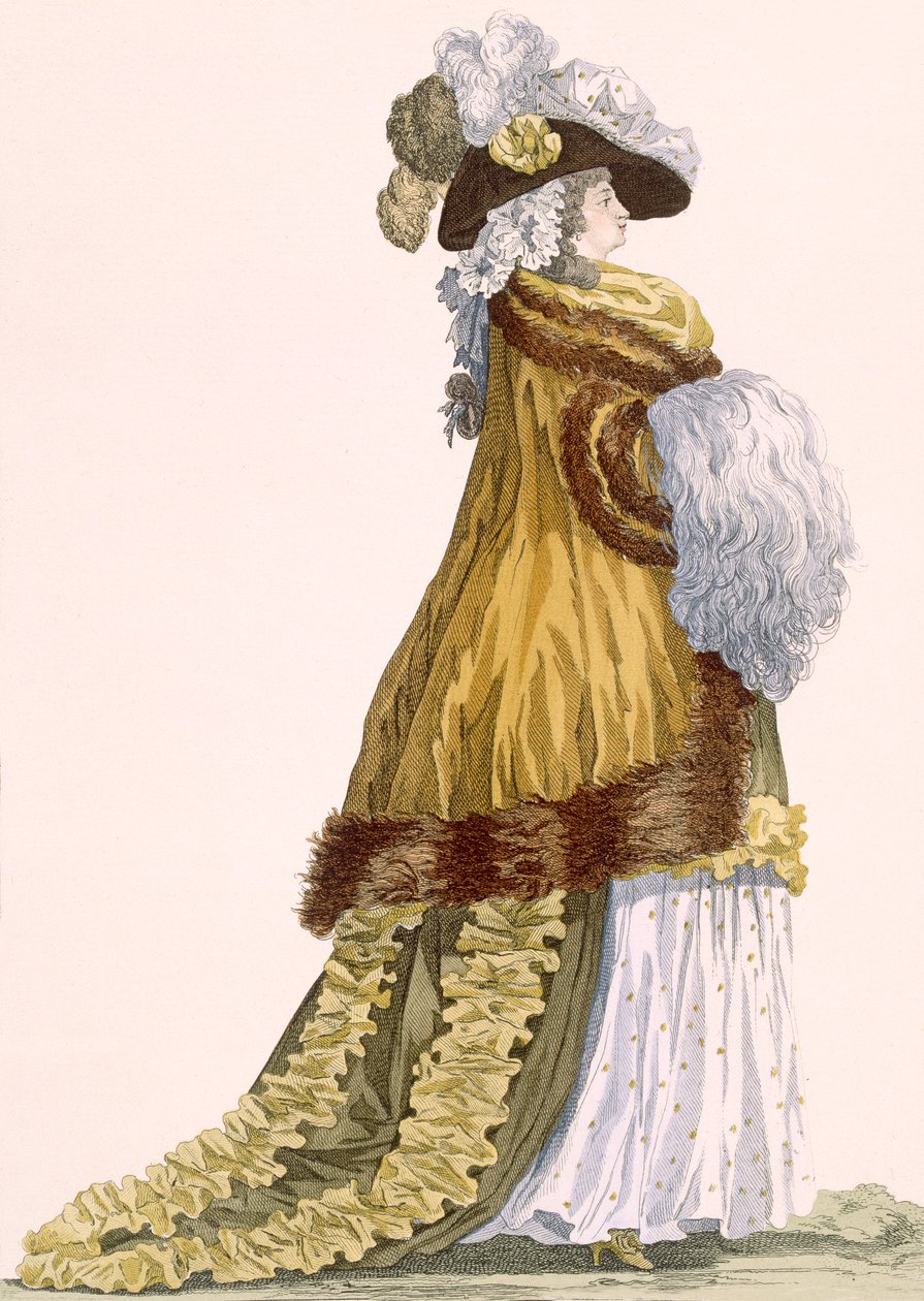 Naisten oopperapuku, jossa ylellinen satiininen viitta turkisreunuksella, kaiverrus Dupin, levy nro 217 julkaisusta "Galeries des Modes et Costumes Francais", n. 1778-87 99:vaatteet; perinteinen dre tekijältä Francois Louis Joseph Watteau