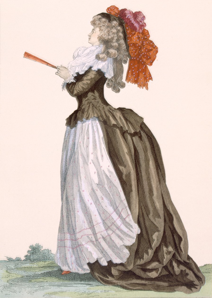 Naisten promenademekko, kaiverrus Dupin, levy nro 222 julkaisusta "Galeries des Modes et Costumes Francais", n. 1778-87 99:vaatteet; perinteinen asu; perinteinen puku; muoti; sairas tekijältä Francois Louis Joseph Watteau