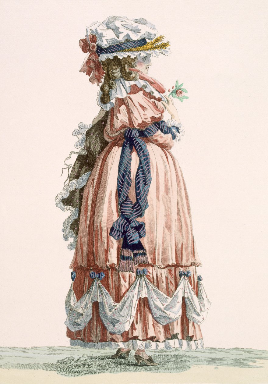 Naisten kesäkävelypuku, kaiverrettu Dupin, levy nro 192 julkaisusta "Galeries des Modes et Costumes Francais", n. 1778-87 99:vaatteet; perinteinen asu; perinteinen puku; muoti; tekijältä Francois Louis Joseph Watteau