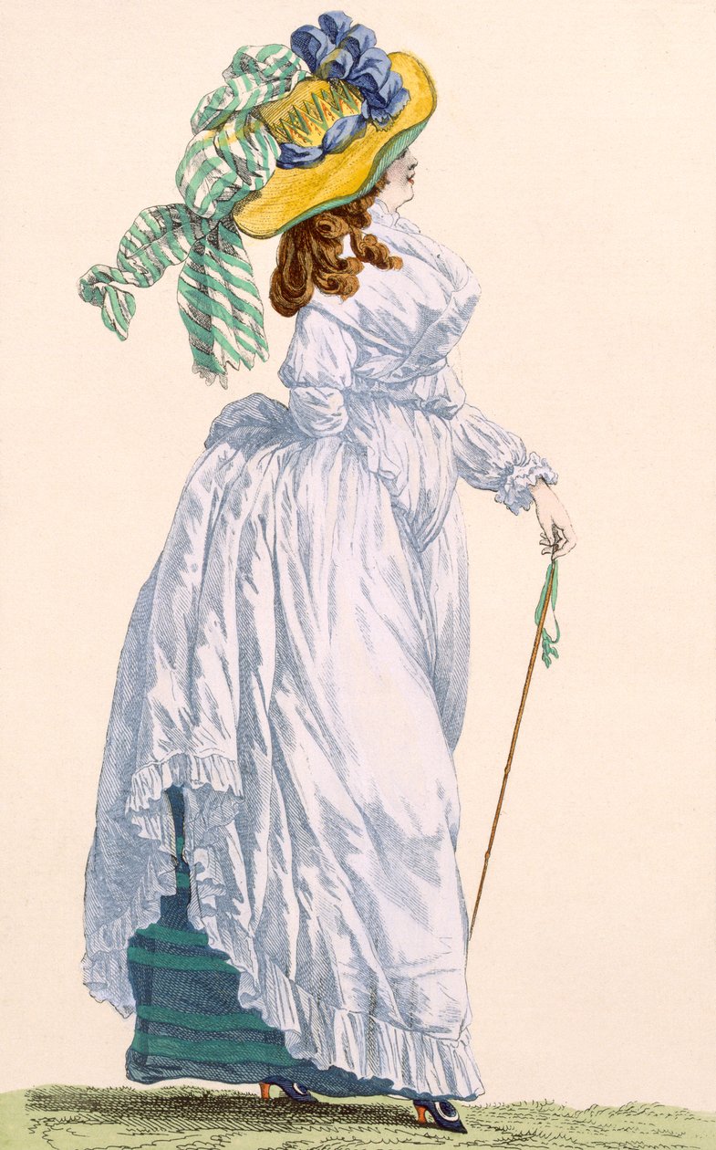 Taivaansininen kävelymekko vihreällä alushameella, kaiverrus Le Beau, levy nro 252 julkaisusta "Galeries des Modes et Costumes Francais", n. 1778-87 99:vaatteet; perinteinen asu; perinteitä tekijältä Francois Louis Joseph Watteau