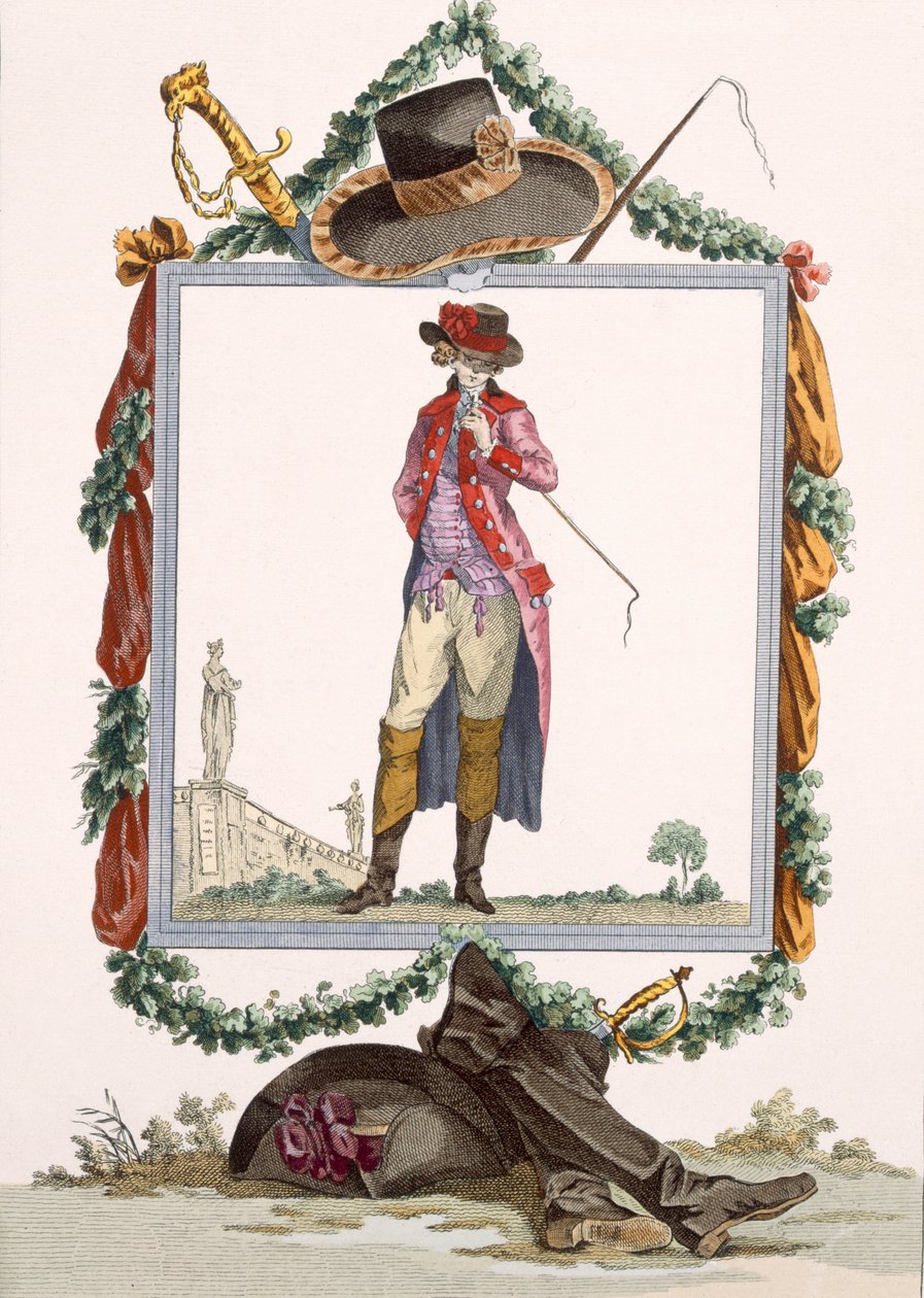 Nuori elegantti hovimies Palais Royalissa, kaiverrettu Duhamelin kaiverruksessa, levy nro 233 teoksesta "Galeries des Modes et Costumes Francais", noin 1778-87. tekijältä Francois Louis Joseph Watteau