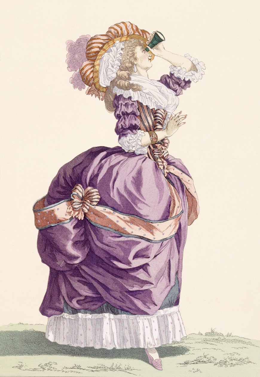 Nuori nainen, kaiverrus Le Beau, levy nro 176 julkaisusta "Galeries des Modes et Costumes Francais", n. 1778-87 tekijältä Francois Louis Joseph Watteau