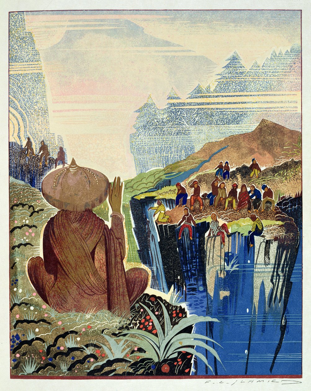 Kuvitus Rudyard Kiplingin Kim-kirjaan, julkaistu 1930 tekijältä Francois Louis Schmied