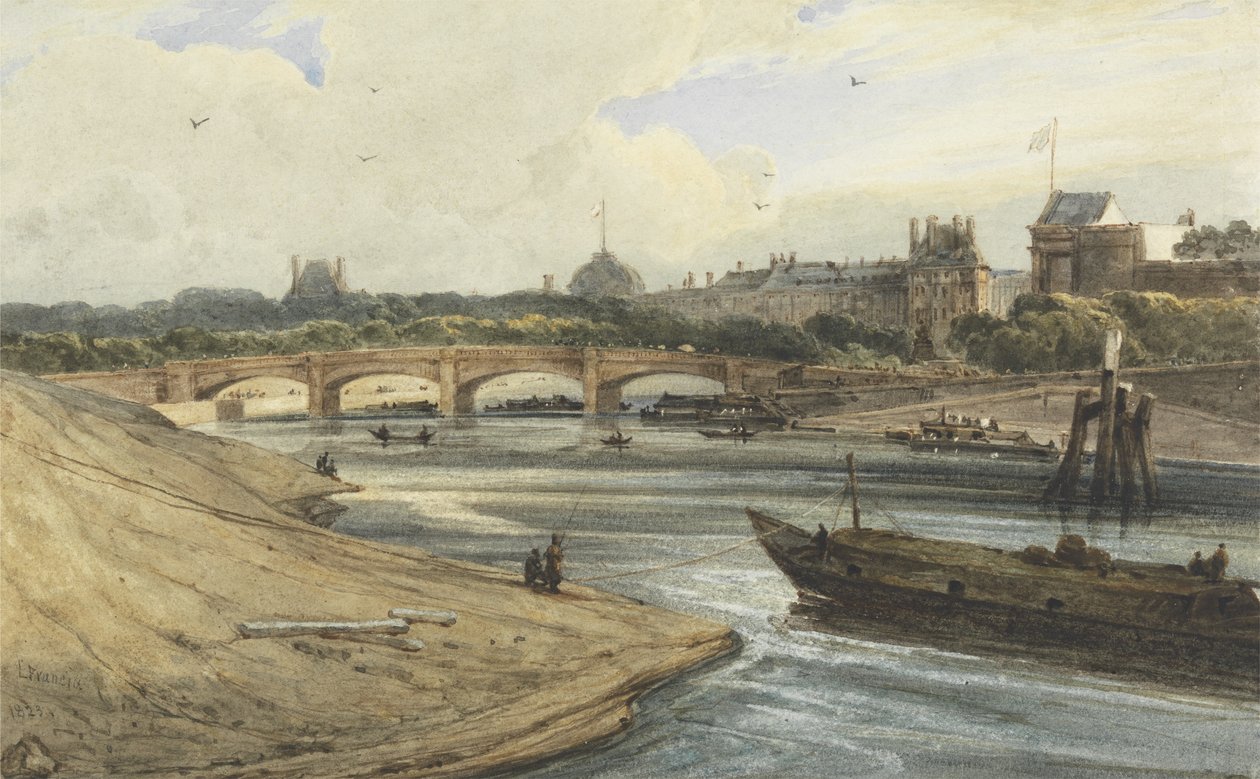 Pont de la Concorde ja Palais des Tuileries Cours la Reineltä, 1823 (wc kynällä ja vartaloväri paperilla) tekijältä Francois Louis Thomas Francia