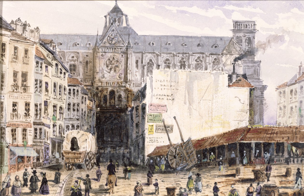 Näkymä St. Eustachelle Rue Montmartre -kadulta, 1830 tekijältä Francois Louis Thomas Francia