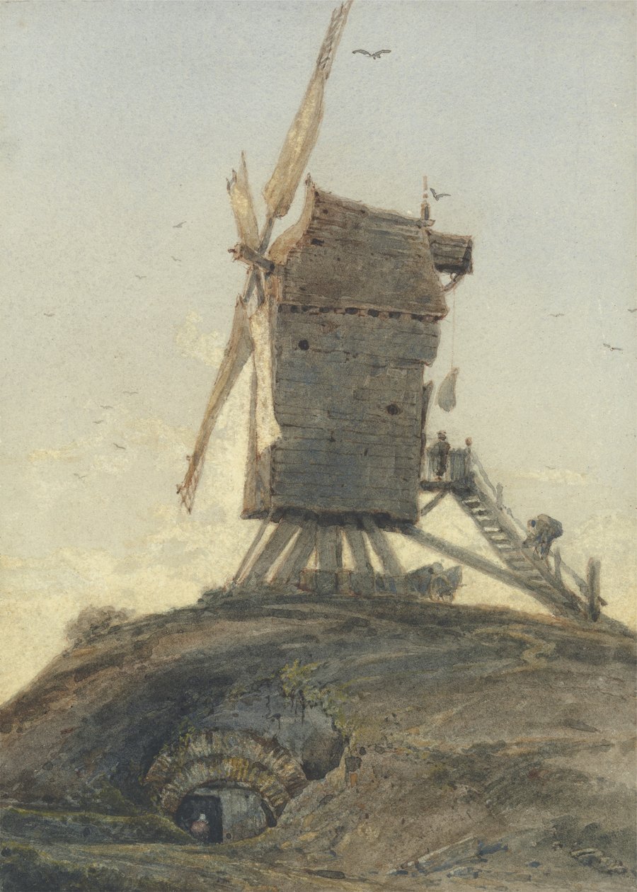 Tuulimylly kukkulalla maisemassa (wc, rungon väri paperille) tekijältä Francois Louis Thomas Francia