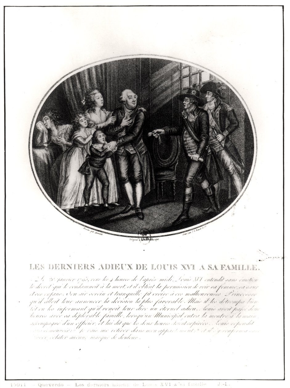 Ludvig XVI:n (1754-93) viimeiset hyvästit hänen perheelleen, 20. tammikuuta 1793, kaiverrus J. L. Benoist (fl. 1800-40) tekijältä Francois Maria Isidore Queverdo