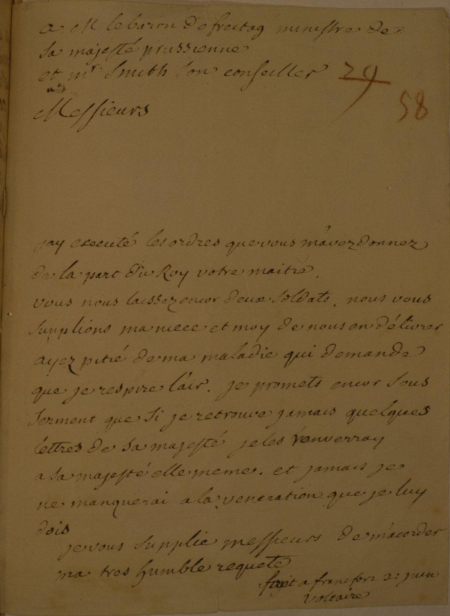 Vetoomus vankilasta vapauttamisesta, 31. kesäkuuta 1753 tekijältä Francois Marie Arouet Voltaire