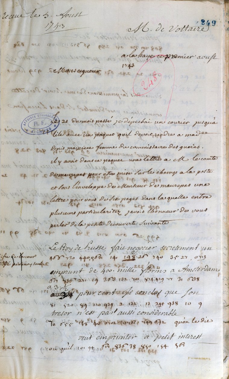 Kirje, jonka Voltaire kirjoitti työskennellessään salaisena agenttina Haagissa Ranskan ulkoministerille Pariisissa 1. elokuuta 1743. tekijältä Francois Marie Arouet Voltaire