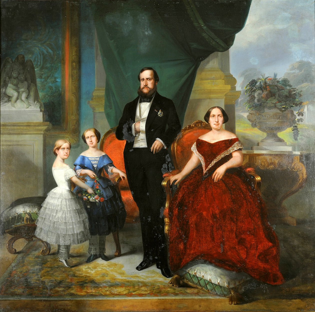 Keisarillinen perhe - Keisari Pedro II, hänen vaimonsa Teresa Cristina ja heidän tyttärensä, prinsessat Isabel ja Leopoldina tekijältä Francois Rene Moreau