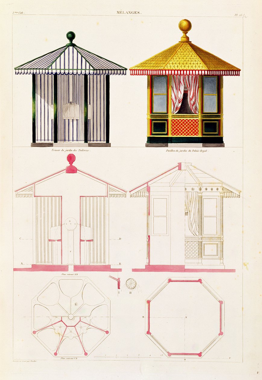 Suunnittelu pisuaariin ja paviljonkiin, levy 25, Nouveau Recueil de Menuiserie et de Decorations interieures, 1837 tekijältä Francois Thiollet