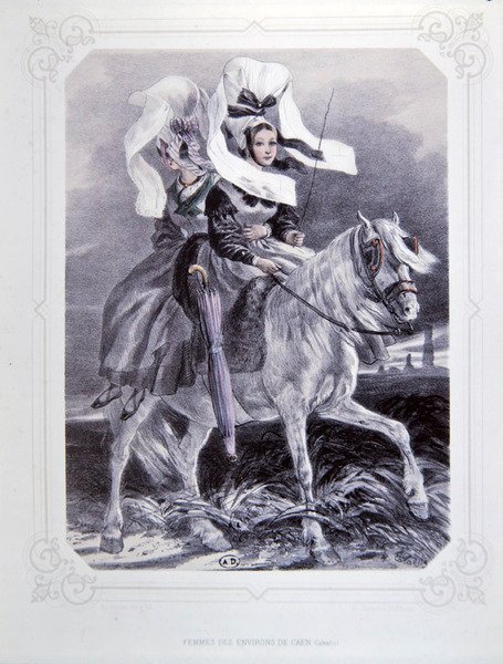 Naiset Normandian Caenin alueelta, "La Normandie Illustree", Charpentierin kaiverrus, julkaistu Nantesissa 1852 (väri litho) tekijältä Francois Hippolyte (after) Lalaisse