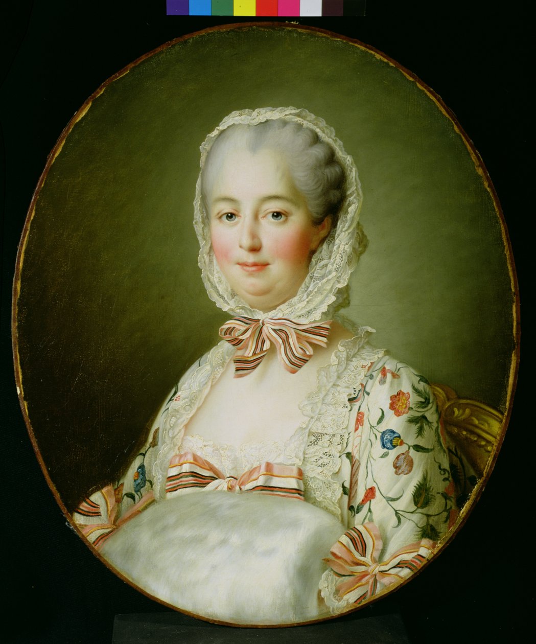 Madame de Pompadourin muotokuva turkismuhvilla (1721-64) 1763-64 tekijältä Francois Hubert Drouais