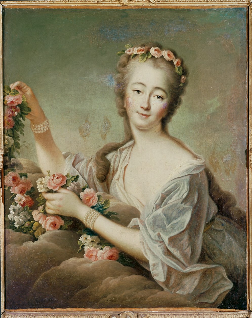 Madame Du Barry, Ludvig XV:n rakastajatar, jumalattarena Flora ... (maalaus kankaalle) tekijältä Francois-Hubert Drouais