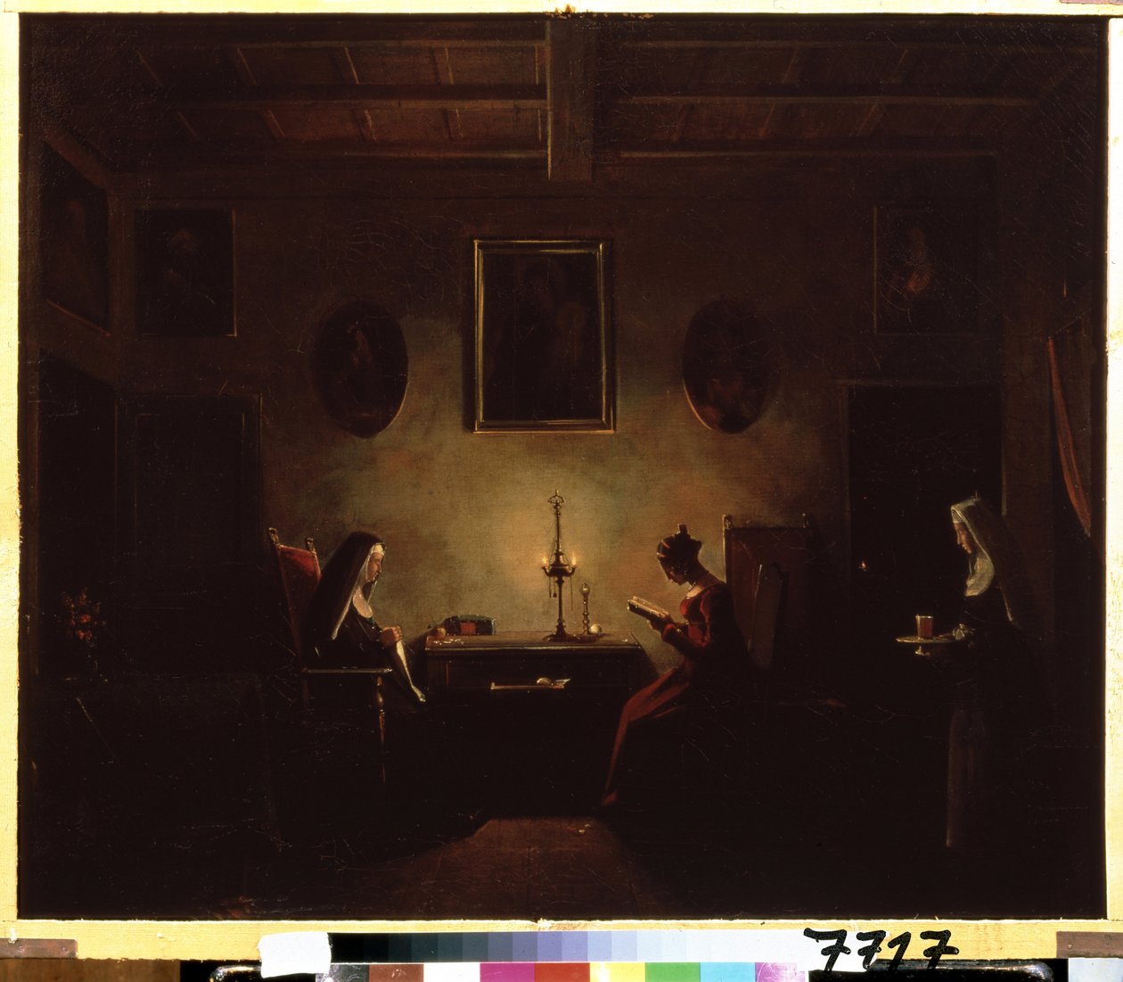""Sisustus"" Kohtaus luostarissa, nuori tyttö lukee kynttilänvalossa, kaksi nunnaa huoneessa. François Marius Granetin (1775-1849) maalaus 1800-luvun Pushkin-museo, Moskova tekijältä Francois Marius Granet