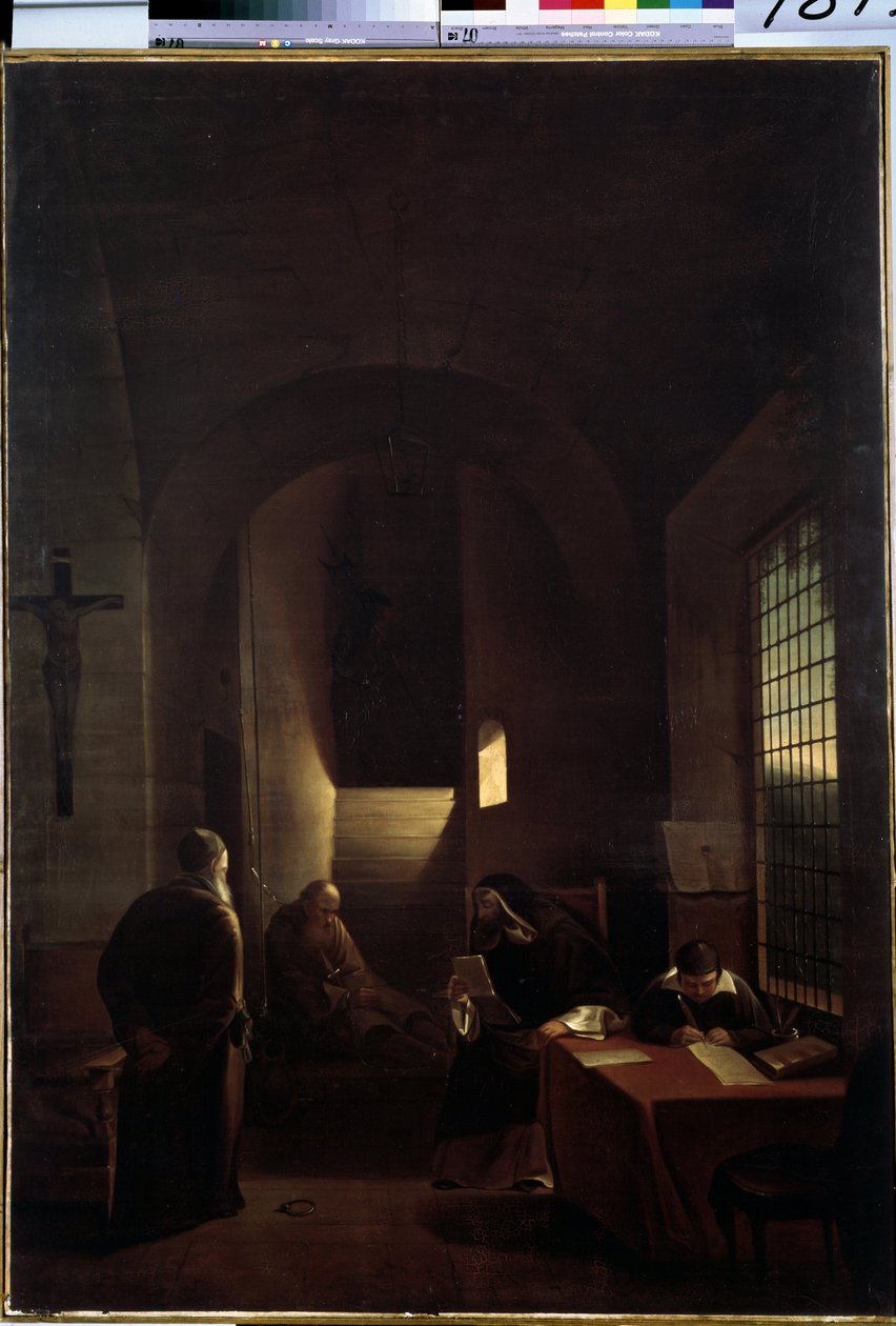 ""Italialainen tähtitieteilijä Galileo Galilei (Galilea) (1564-1642) sellissään Firenzessä inkvisition aikana"" François Marius Granetin (1775-1849) maalaus 1800-luvun Eremitaaši-museo, Pietari tekijältä Francois Marius Granet