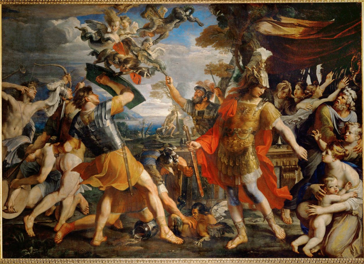Aeneas ja hänen seuralaisensa taistelevat harpioita vastaan ... tekijältä Francois (1590 1650) (after) Perrier