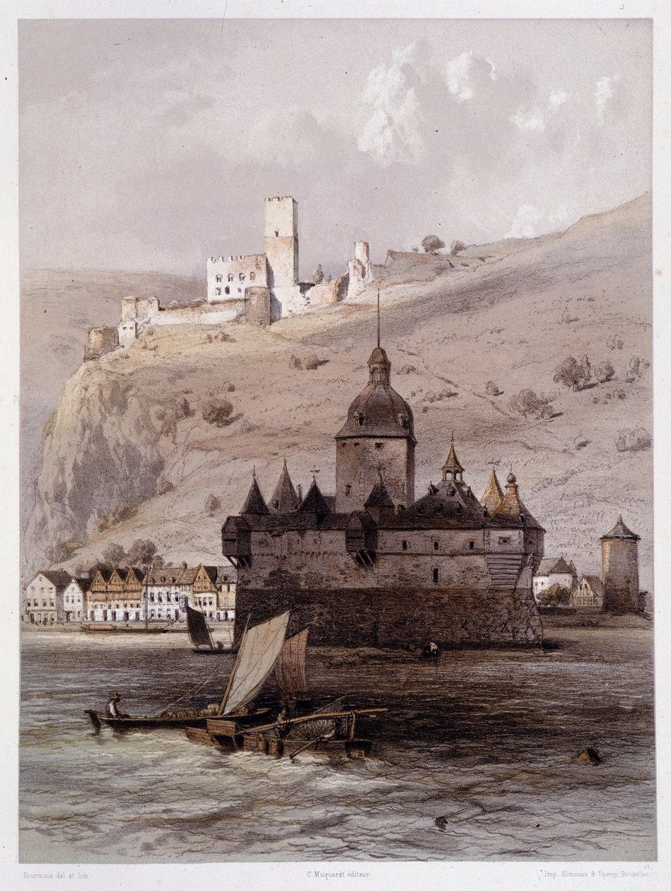 Chateau a Pfalz, Saksa. "" Monumentaalinen ja viehättävä Rein"". Fourmaisin ja Stroobantin litografioita tekijältä Francois Stroobant