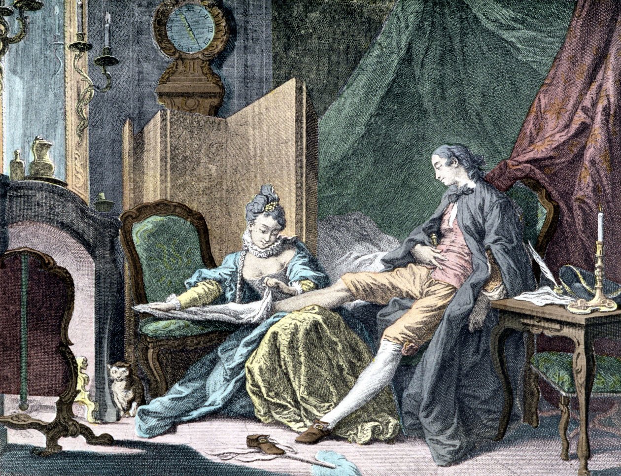 La Courtesan amoureuse: Nainen poistamassa miehen pohjaa - kaiverrus ap. Lihakauppias tekijältä Francois (after) Boucher