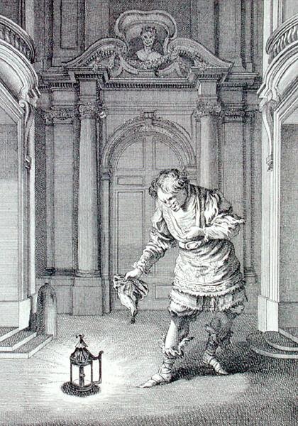 Kohtaus Molieren (1622-73) Amphytrionista, kaiverrus Laurent Cars (kaiverrus) tekijältä Francois (after) Boucher