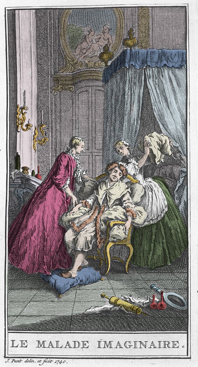 Kuvitteellinen potilas. Teatteriteos Jean Baptiste Poquelin dit Moliere (1622-1673). T. de Maren kaiverrus Boucherin mukaan "Kuvitteellinen potilas". tekijältä Francois (after) Boucher