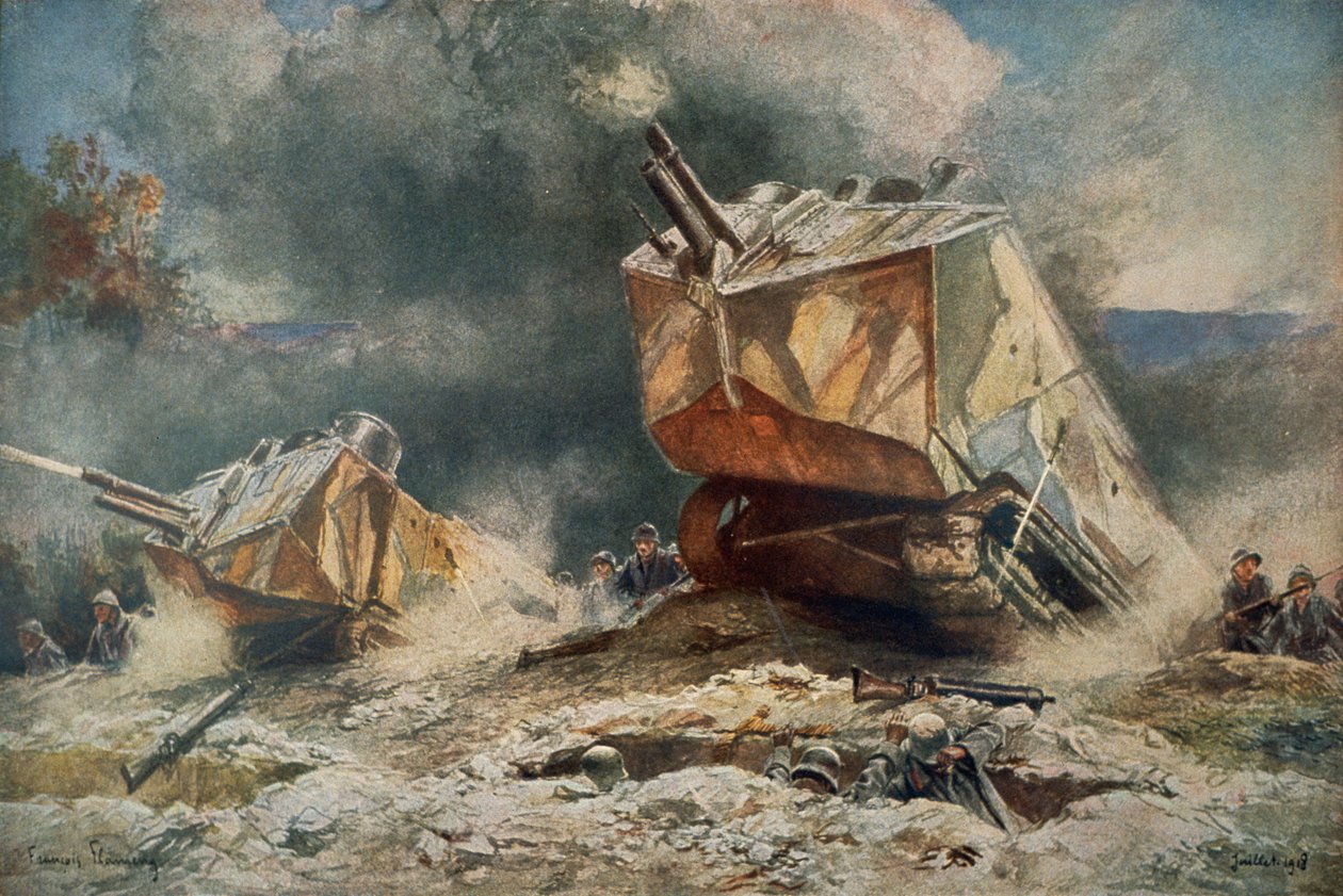 Ensimmäisen maailmansodan aikana ranskalainen St Chamond -tyyppinen tankki etenee Saksan asemille tekijältä Francois (after) Flameng