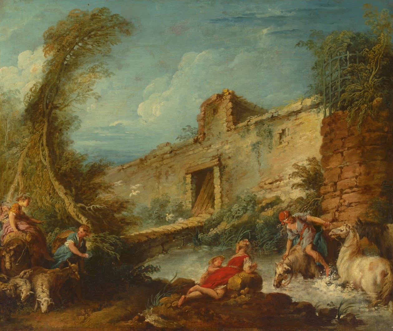 Ford Crossing, n. 1703-70 (öljy kankaalle) tekijältä Francois (and studio) Boucher