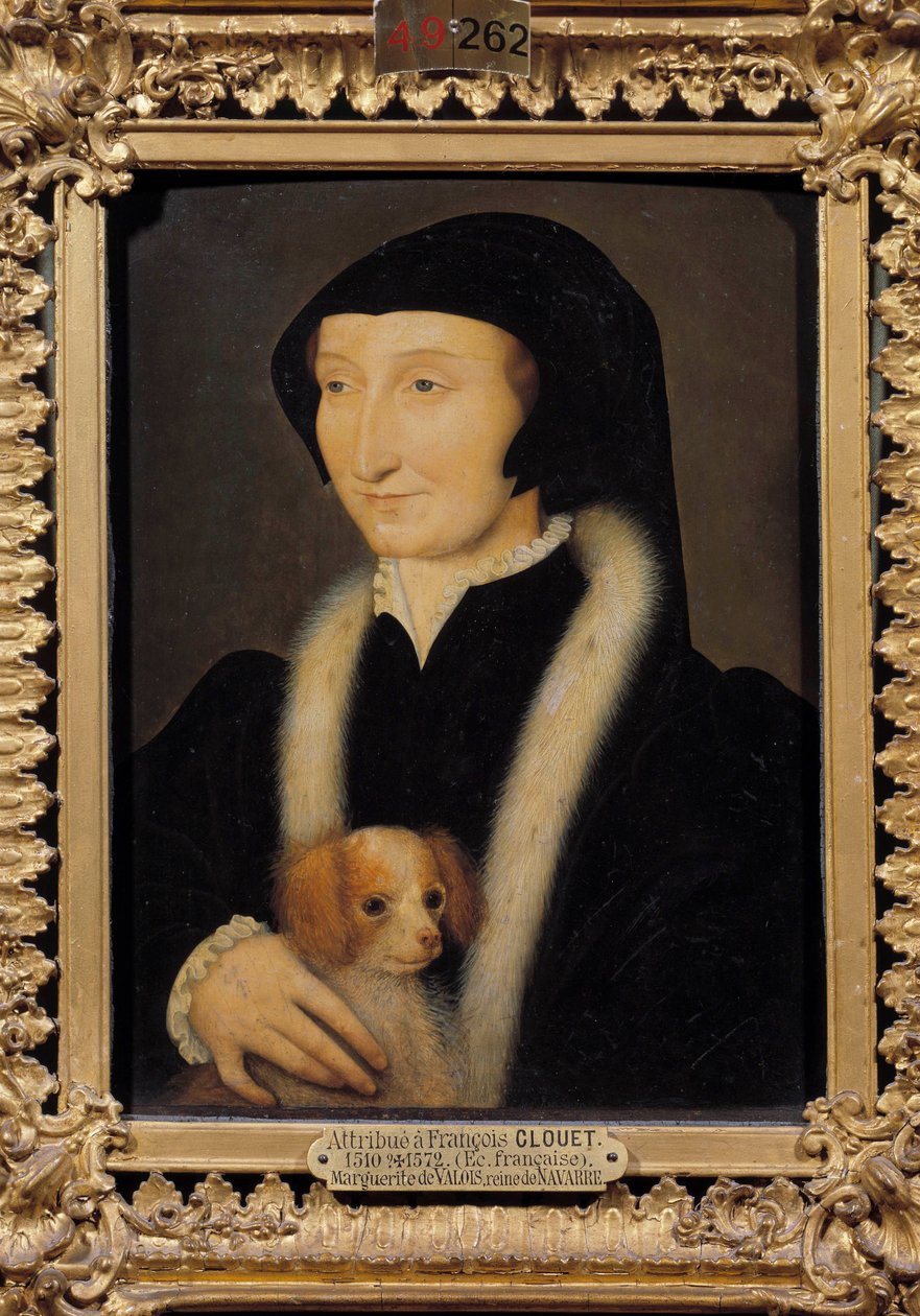 Margarita Angoulema (1492-1549) muotokuva Navarran kuningattaresta, Francois I:n sisaresta. Francois Clouetille (1515-1572) kuuluva maalaus. 1500-luvun aurinko. 0,31 x 0,24 m Chantilly, museo Conde tekijältä Francois (attr. to) Clouet