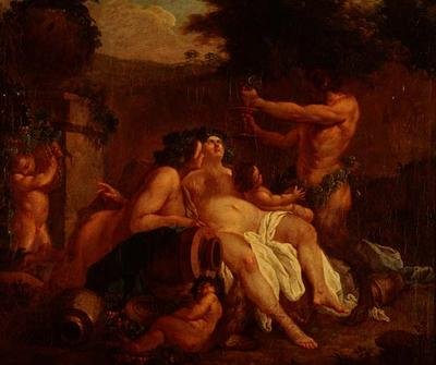 Bacchus iloitsee kivisen uurnan äärellä Dellissä tekijältä Francois (circle of) Boucher