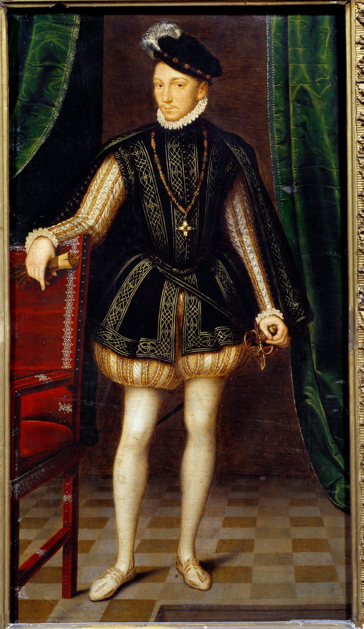 Muotokuva Ranskan kuninkaan Kaarle IX:n (1550 - 1574) jalassa. François Clouetin (1515-1572) työpajan maalaus tekijältä Francois (workshop of) Clouet