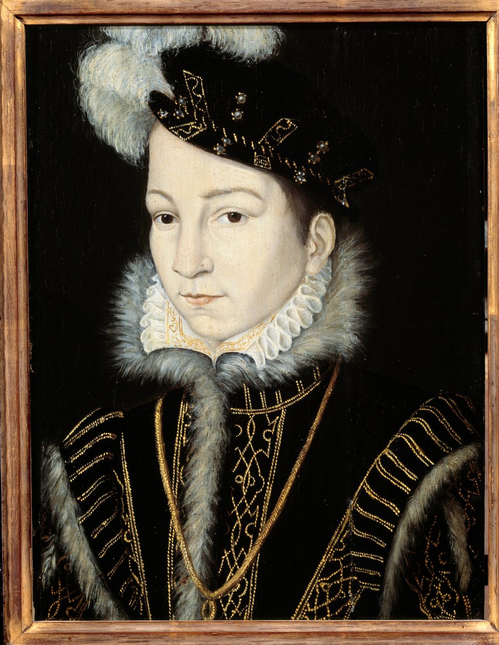 Kaarle IX:n, Ranskan kuninkaan (1550-1574) muotokuva. Atelier de Francois Clouet (1515-1572), v. 1555. Öljy puulle. Mitat: 0,32 x 0,23 m. Öljy puulle. - Ranskan kuninkaan (1550-1574) Kaarle IX:n muotokuva. Francois Clouet