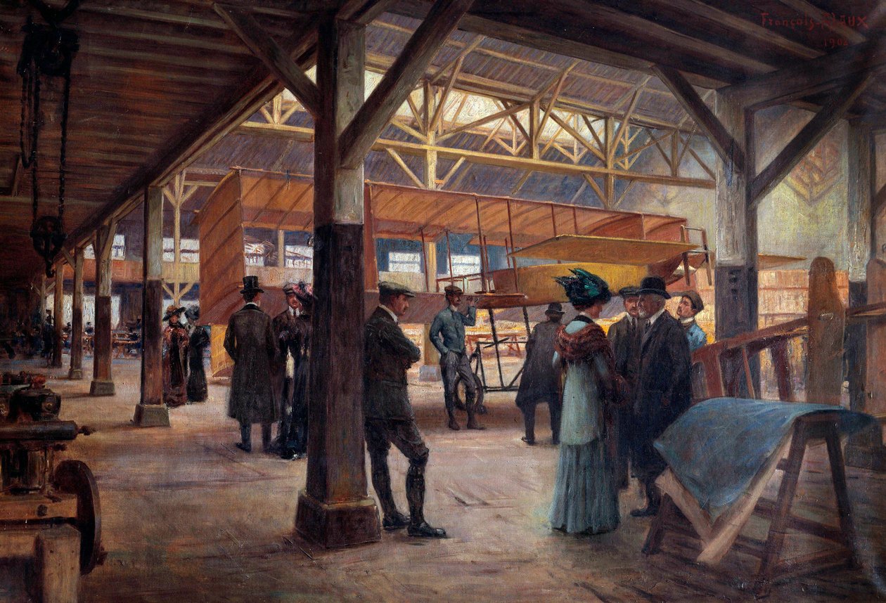 Ilmailun pioneereiden Gabriel ja Charles Voisinin (1880-1973 ja "1882-1912") työpaja Boulogne Billancourtissa vuonna 1908 (öljy kankaalle) tekijältä Francois Alaux
