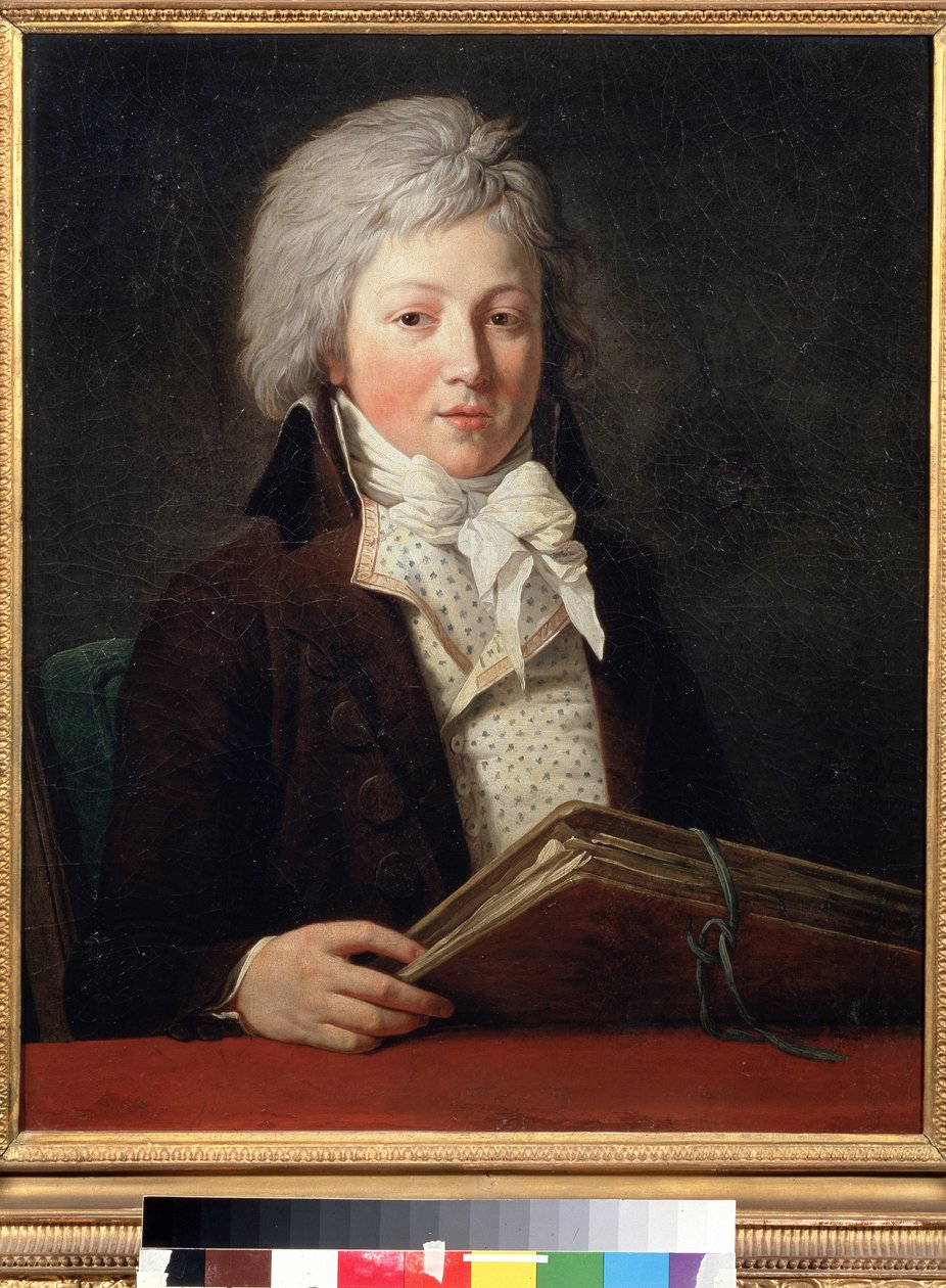 Nuoren miehen muotokuva, jolla on piirustuksia sisältävä kansio. François Andre Vincentin (1746-1816) maalaus. Öljy kankaalle, 73 x 59 cm tekijältä François André Vincent
